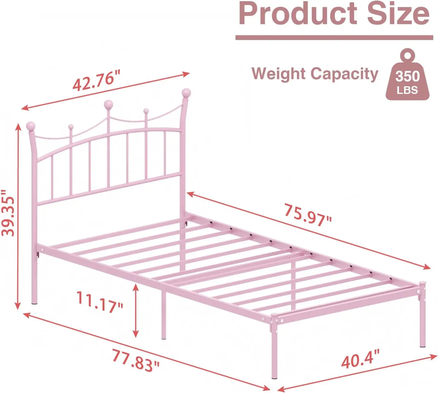 Princess Twin Bed Frame with Crown Headboard, Heavy Duty Metal Platform, Easy Assembly, Light Pink