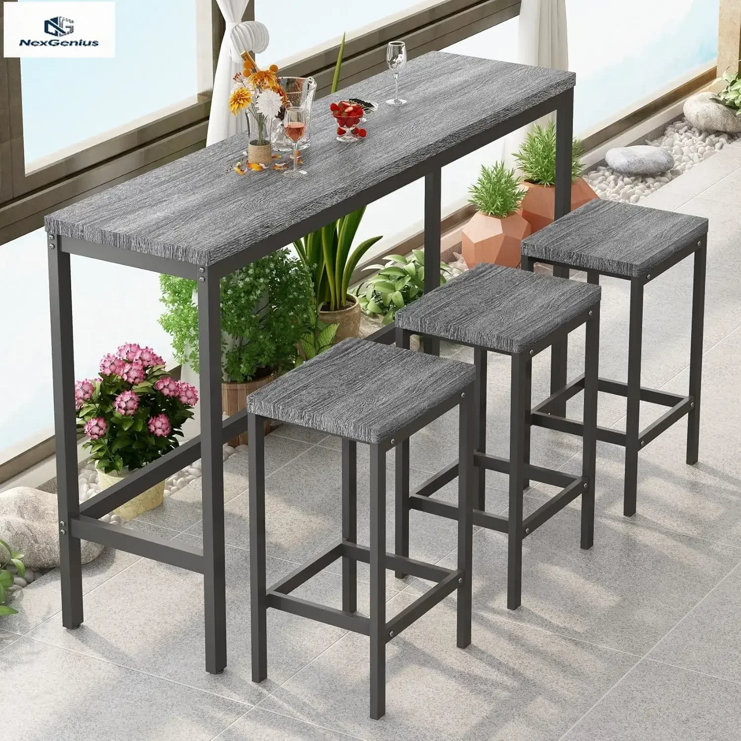 Grey Wood Counter Height Pub Table And Three Stools Set For Kitchen Living Room Breakfast Party