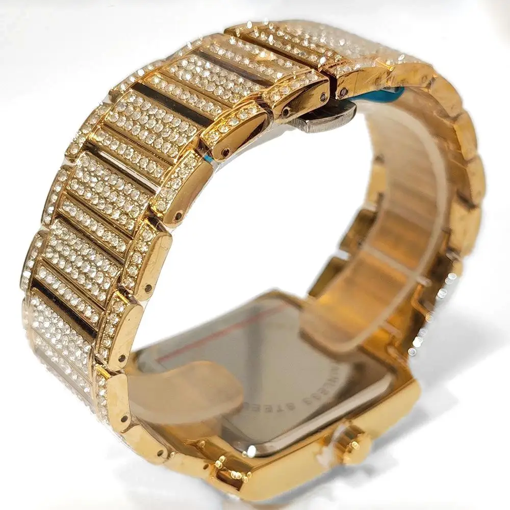 Luxury Mens Watch Fashion Silver Stainless Steel Quartz Watches Hip Hop Full Diamonds Rectangle AAA Wrist Watch Man Dropshipping