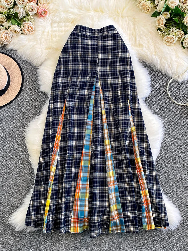 

Women Plaid Skirt Colorful Autumn Vintage Autumn A-line High Waist Zipper Skirt Hip-hugging Slit Faldas Female SK063