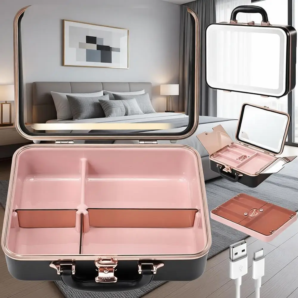

12-Inch LED Lighted Portable Makeup Case with Adjustable Dividers, Hard Shell Vanity Storage Box in Black