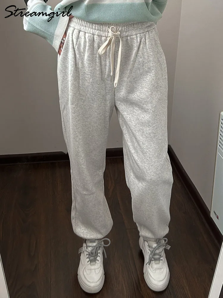 Grosso quente sweatpants feminino inverno perna reta calças de lã cintura elástica cinza veludo calças quentes com lã para mulher