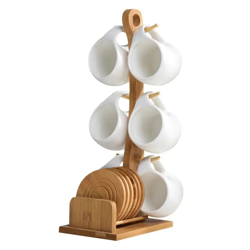 Simple Tea Pot Set Tea Cup, Coffee Cup, Three-dimensional Bamboo and Wood Support, Striped Anti-skid Coaster