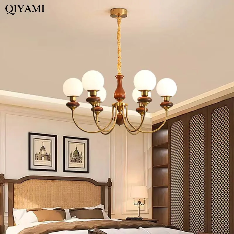 French Medieval Living Room Chandelier Simple Walnut Magic Bean Dining Room Lamp Wooden American Retro Style Bedroom Lamps