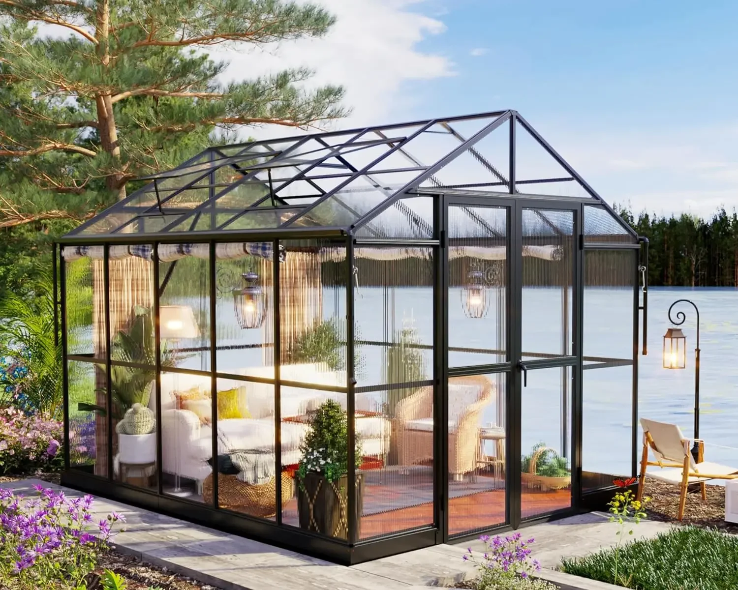 

7.5 FT Greenhouse - Outdoor Aluminum Polycarbonate Greenhouse with Ventilation and Rain Gutter, 2 Swing Doors with Hook