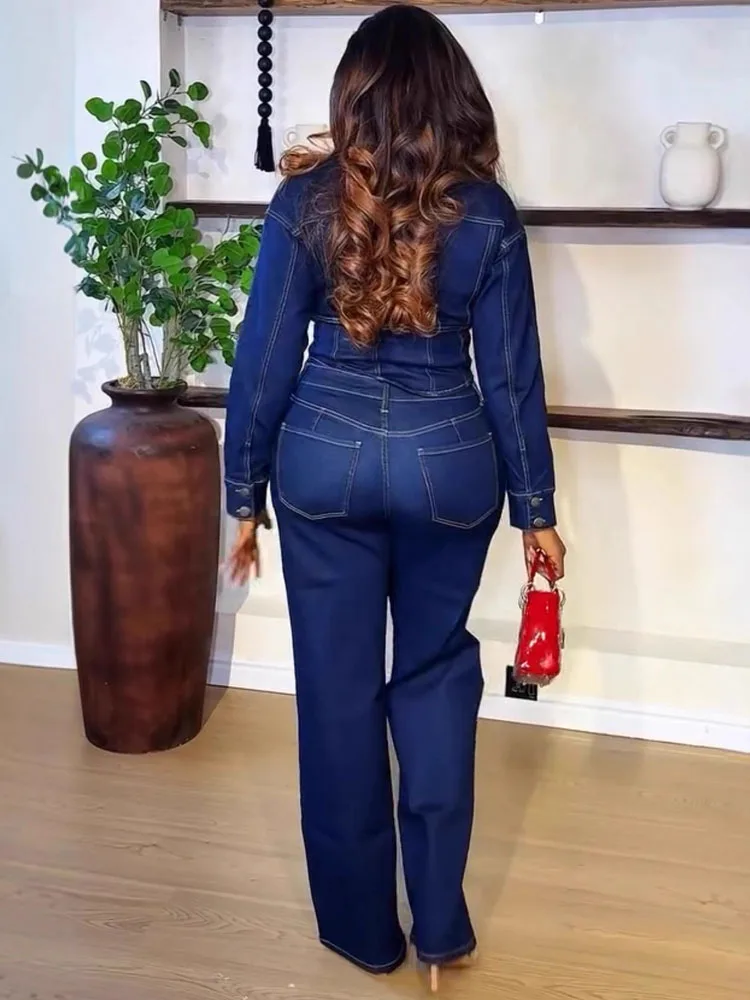 BKQU Fashion Denim 2 Pieces Set for Woman Outfit Stripe Line Patchwork Long Sleeve Crop Jacket and Pants Outfits High Streetwear