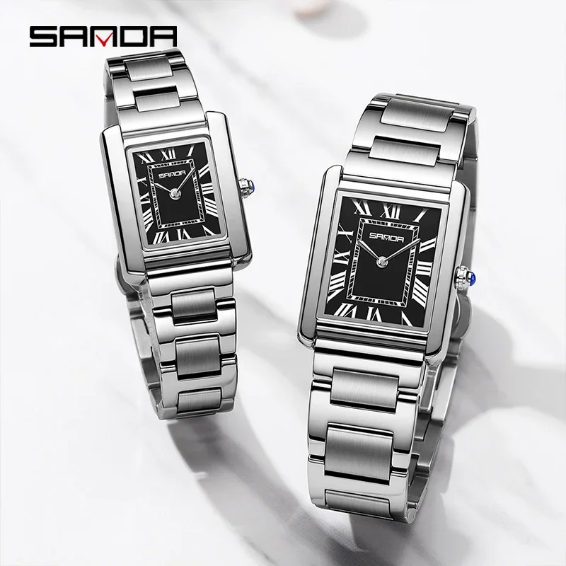 SANDA Couple Tank Quartz Watch Waterproof Fashion Couple Watch Wear Resistant Stainless Strap Square Dial Design Women Lady Gift