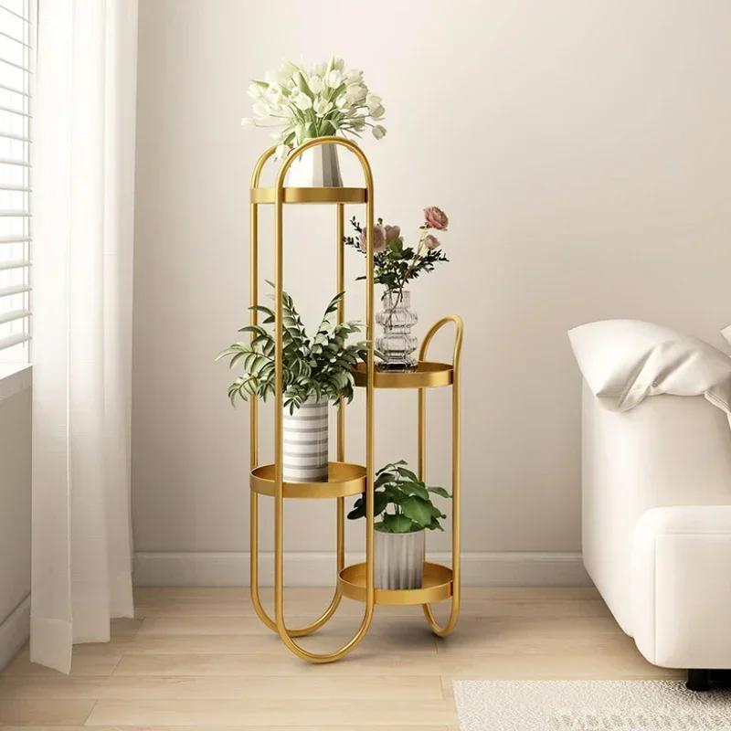 Soporte de flores Nano dorado color crema, estante de plantas de hierro multicapa, soporte elegante para plantas de interior, estante creativo para