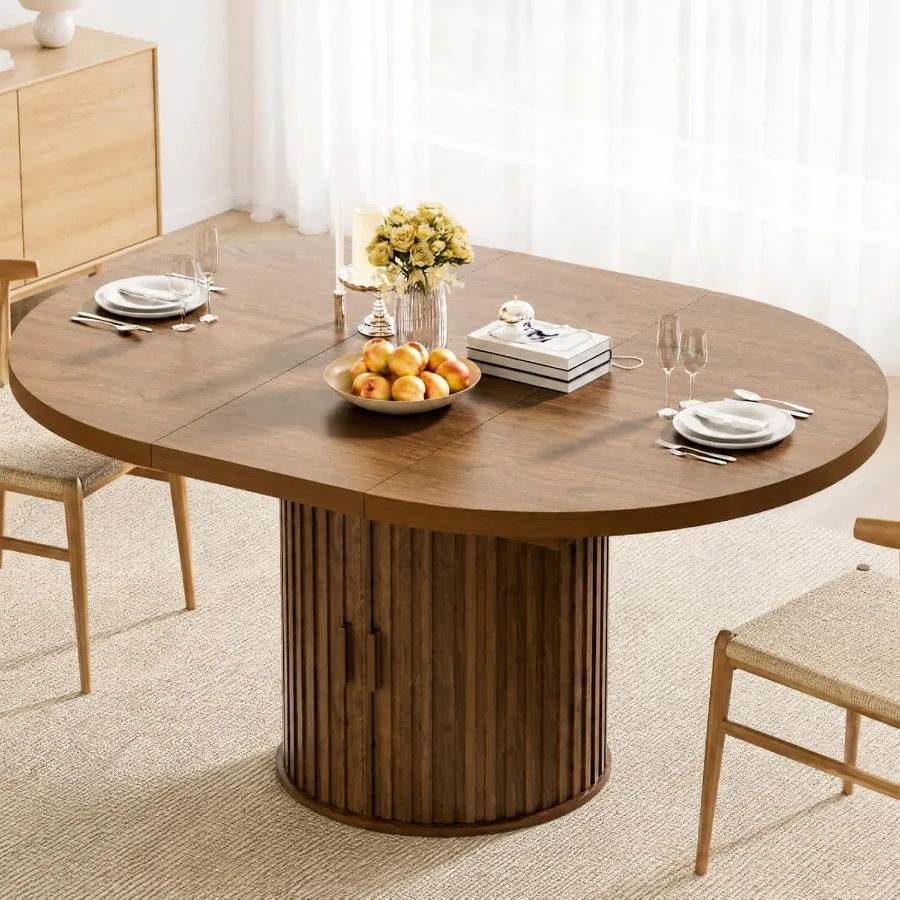 Dining Room Living Room Extendable Round Dining Table 43-59, Walnut Wood, Modern Fluted Sliding Door Hidden Storage Cabinet, Ov