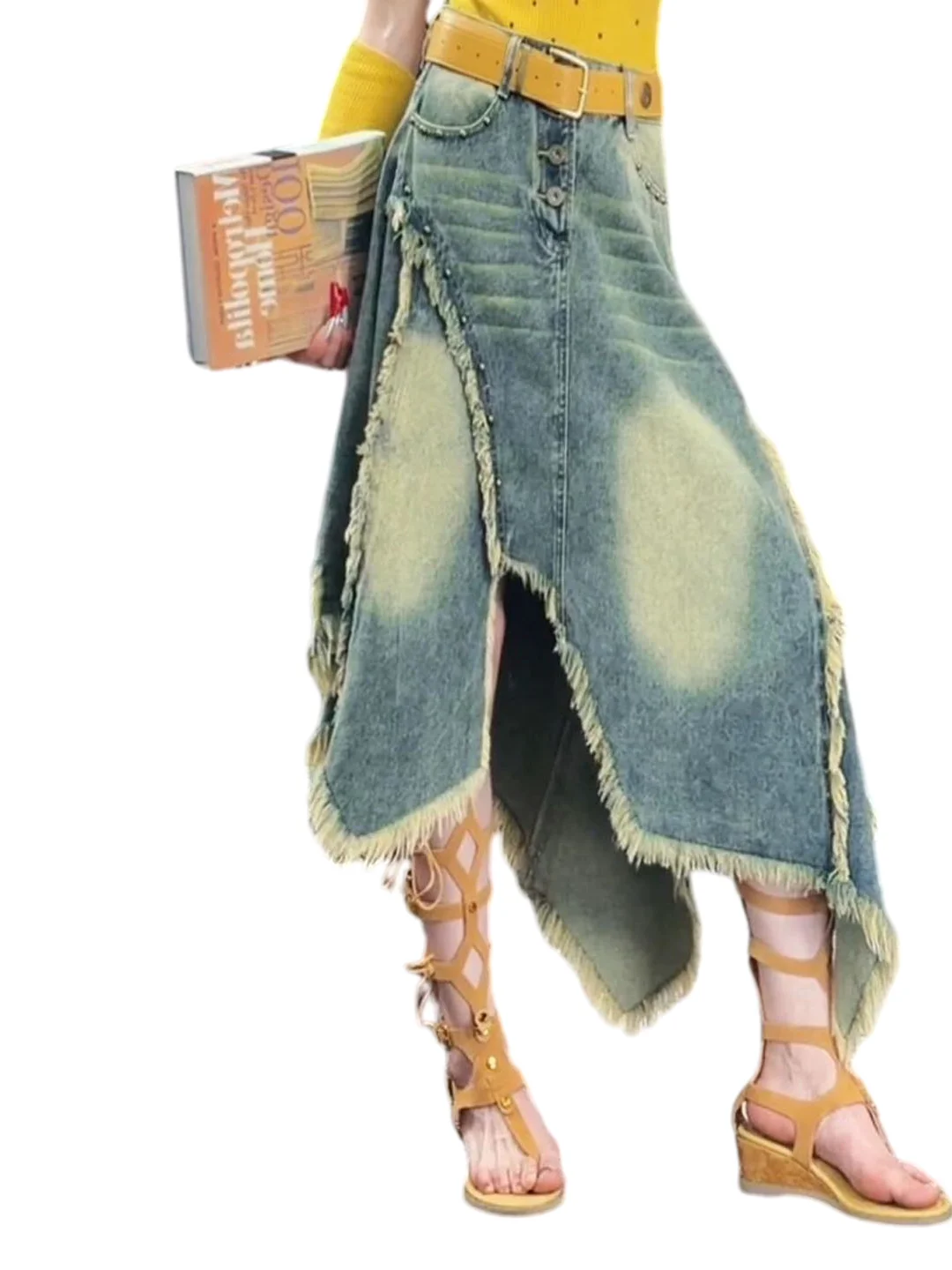 Retro Washed Denim Skirt Asymmetrical Frayed A-Line  Skirt for Women High Waist Korean Style Commute Anti-Stain Jeans Skirt