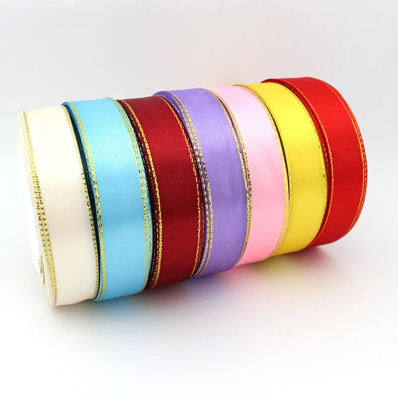 (25 Yards/roll) 20mm White Satin Ribbon Gold Edge Wholesale High Quality Gift Packaging Handmade DIY Ribbon Roll