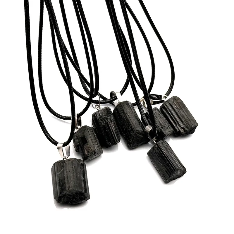 10pcs Black Irregular Pillar Tourmaline Stone Charms Pendant for Women Jewelry Party Friends Gift Free Rope Chain