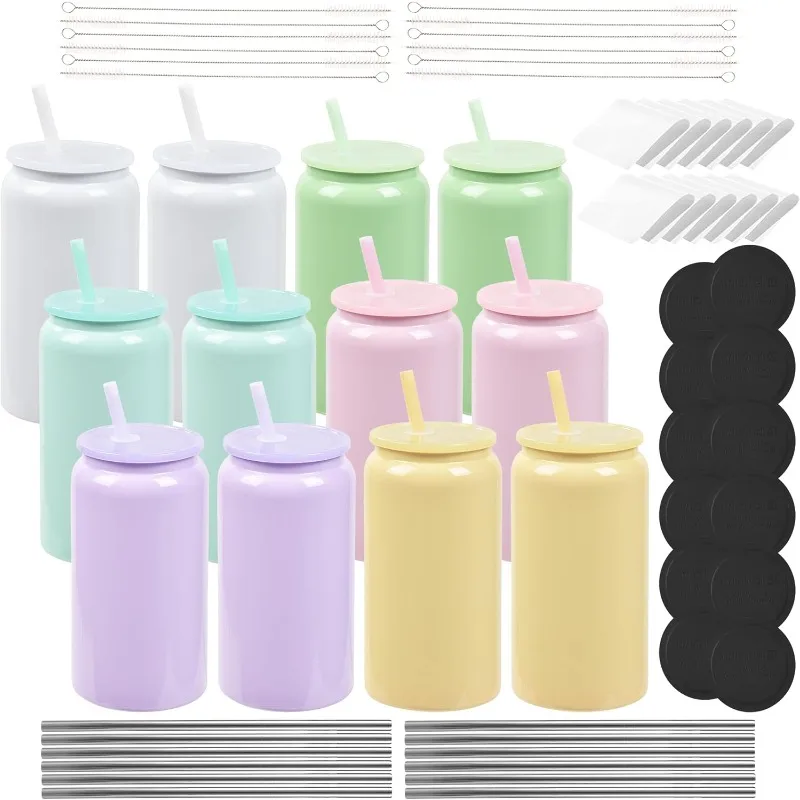 

12 Pack Glass Cups with Lids and Straws, 16oz Stainless Steels Sublimation Tumbler Cups, Beer Cups, Iced Coffee Cups,