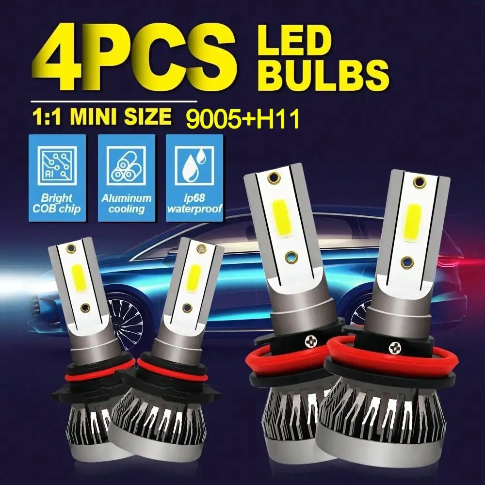 

4 шт. 9005 H11 Светодиодные автомобильные фары Комплект ламп Hb3 H9 Дальний/ближний свет 1:1 Мини-размер Противотуманные фары 6000 К Холодный белый Супер яркие качашки