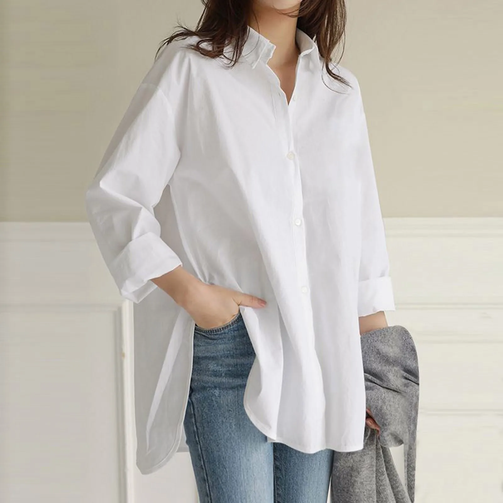 Plus Size Loose Women's Shirts Long Sleeve Turn-down Collar Solid Color Blouses With Pockets Loose Casual Women's Shirt Tops