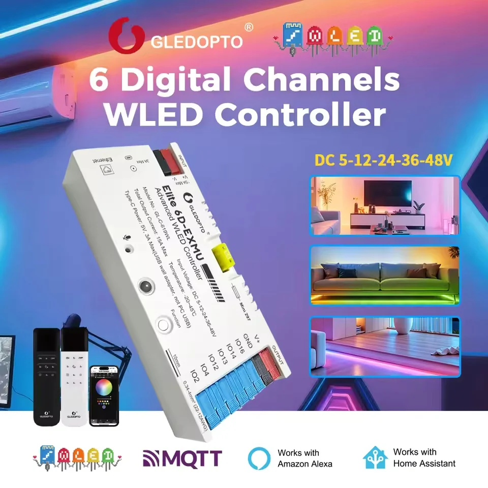 GLEDOPTO DC 5-48V 15A Elite 6D-EXMU WLED Controller 6 Channel Outputs Plug-to-Play Ethernet + WiFi PDM Mic Energy Saving Relay
