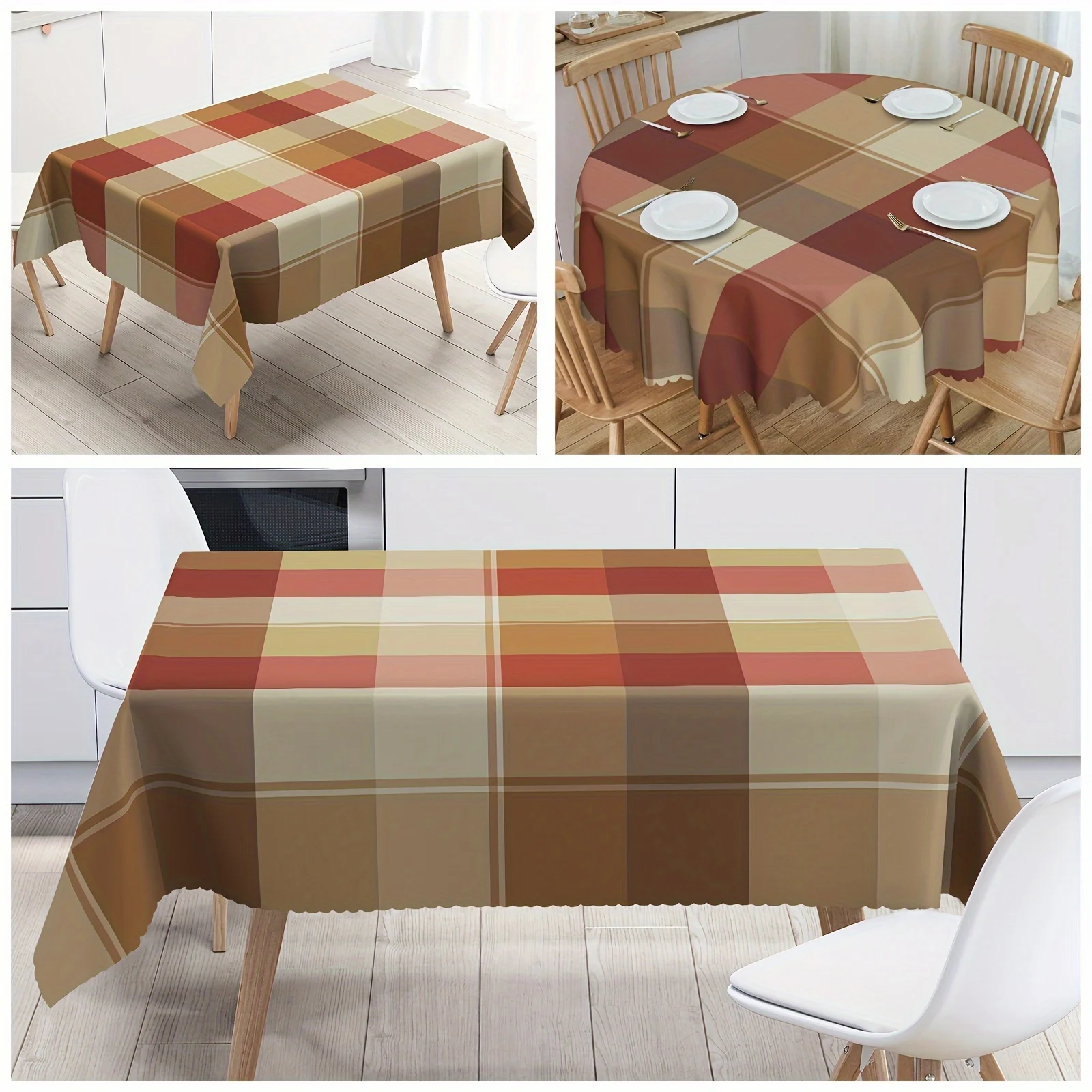 One, tablecloth, a warm-toned checkered printed tablecloth, rectangular and in a simple style with colors.