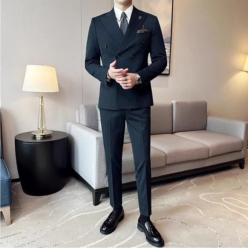 (Jaket + Celana) Setelan Pria 2 Potong Berkualitas Tinggi Double Breasted Lapel Solid Bisnis Pengantin Pria Pakaian Tuxedo Pernikahan Pakaian Pesta