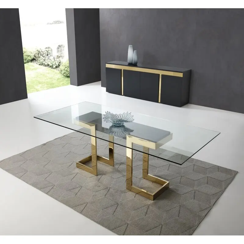 Mesa de comedor superior de vidrio templado con base de acero inoxidable, mesa de boda, mesa rectangular con acento, muebles para el hogar y el hotel