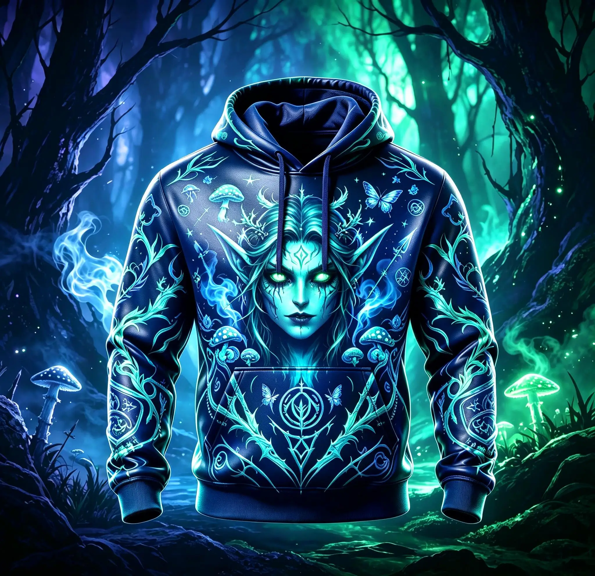 Men Fleece Lined Hoodie Cyan Ghost Train Track Platform Full Print Drawstring Pullover Sweatshirt