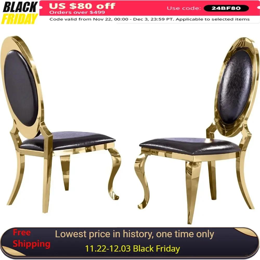 Dining Chair Set of 2 with Polished Gold Stainless Steel Legs, Mid Century Modern Black PU Leather Upholstered Dining Chair