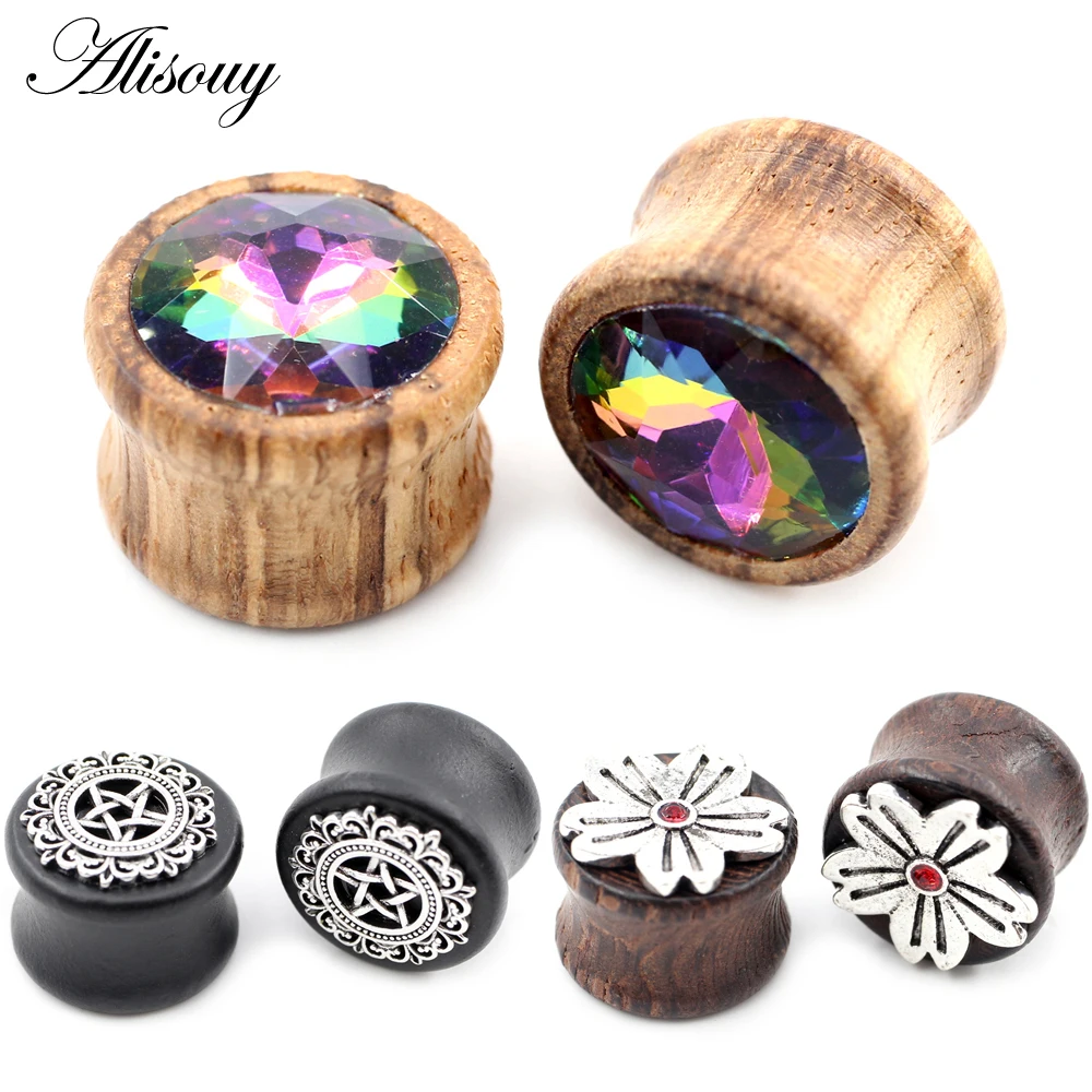 Alisouy 2pcs 8-20mm Star Flower Crystal Natural Wood Ear Tunnels Plugs Expander Stretchers Gauges Earrings Piercing Body Jewelry