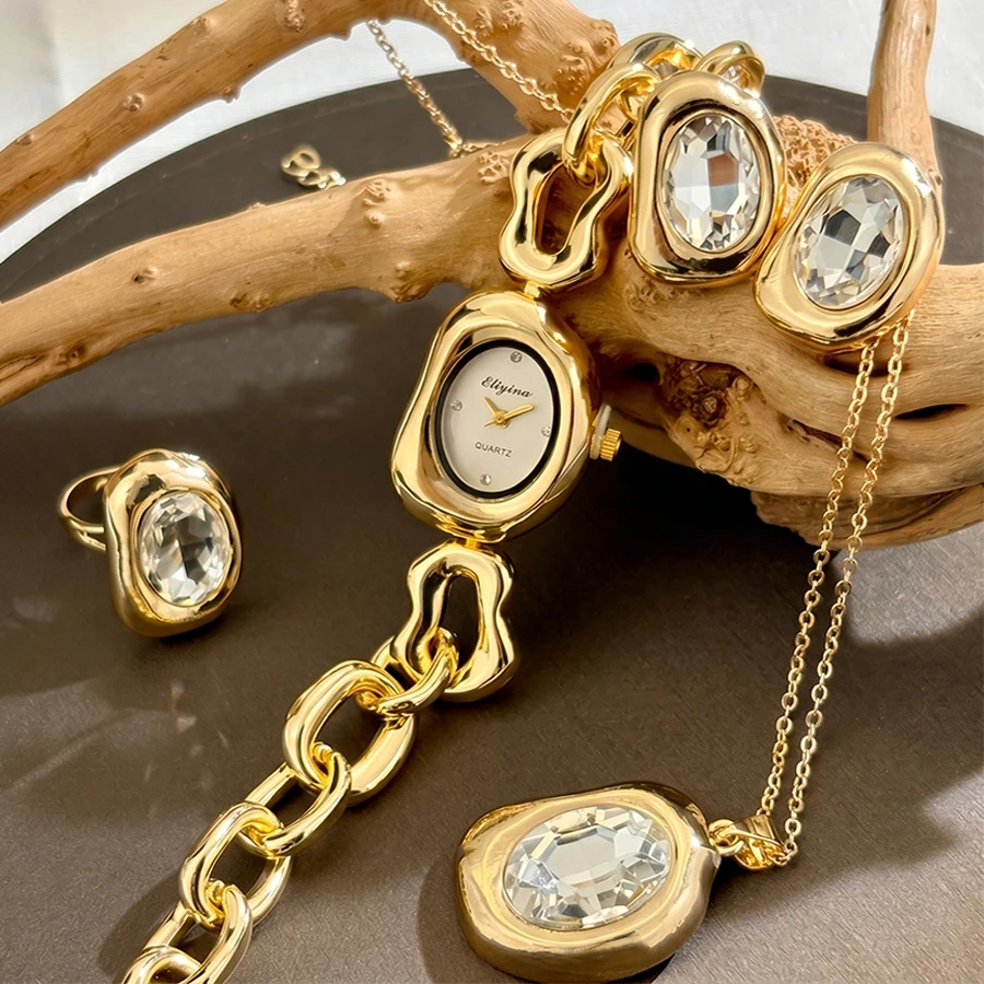 Elegant Gold Vintage Irregular-Shaped Watch Jewelry Four-piece Set for Women with Crystal Accents