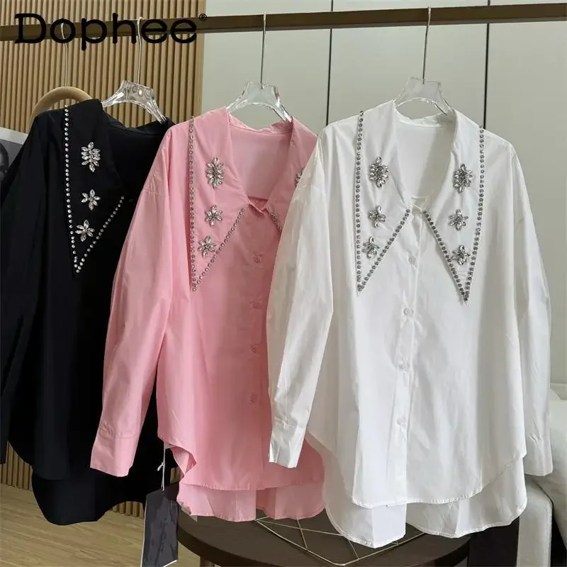 2024 Autumn New French Celebrity Style Hand-sewn Rhinestone Large Lapel Loose Silhouette Long-sleeved Cotton Shirt Top Women