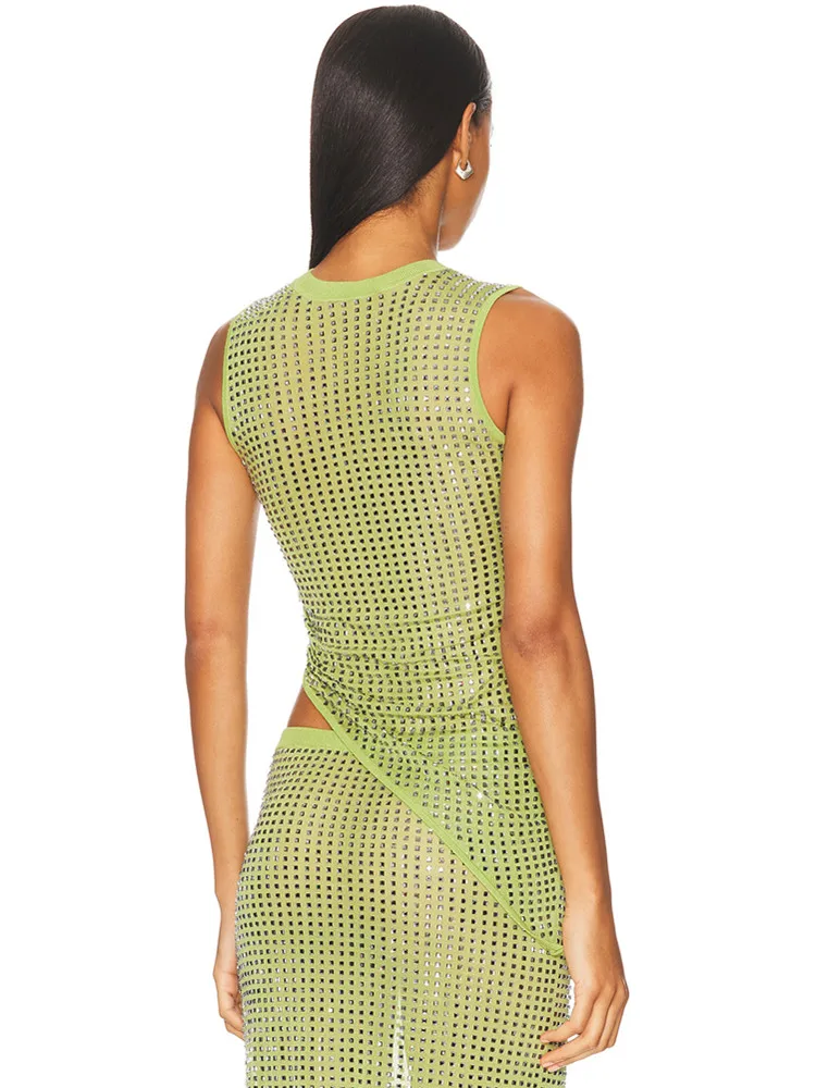 Conjunto de falda de dos piezas por debajo de la rodilla para mujer, Sexy, sin mangas, con diamantes verdes, trajes elegantes para fiesta y Club nocturno, 2025
