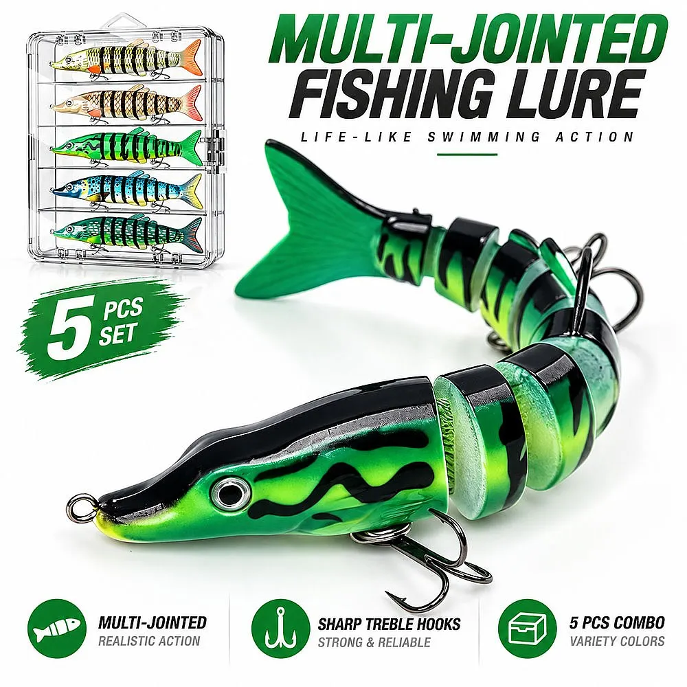 Lifelike Predator Lure 8-Segment Pike Swimbait 3/5/10 Pack Slow Sinking Wobbler Rattle 3D Eyes for Bass Walleye in Deep Lake