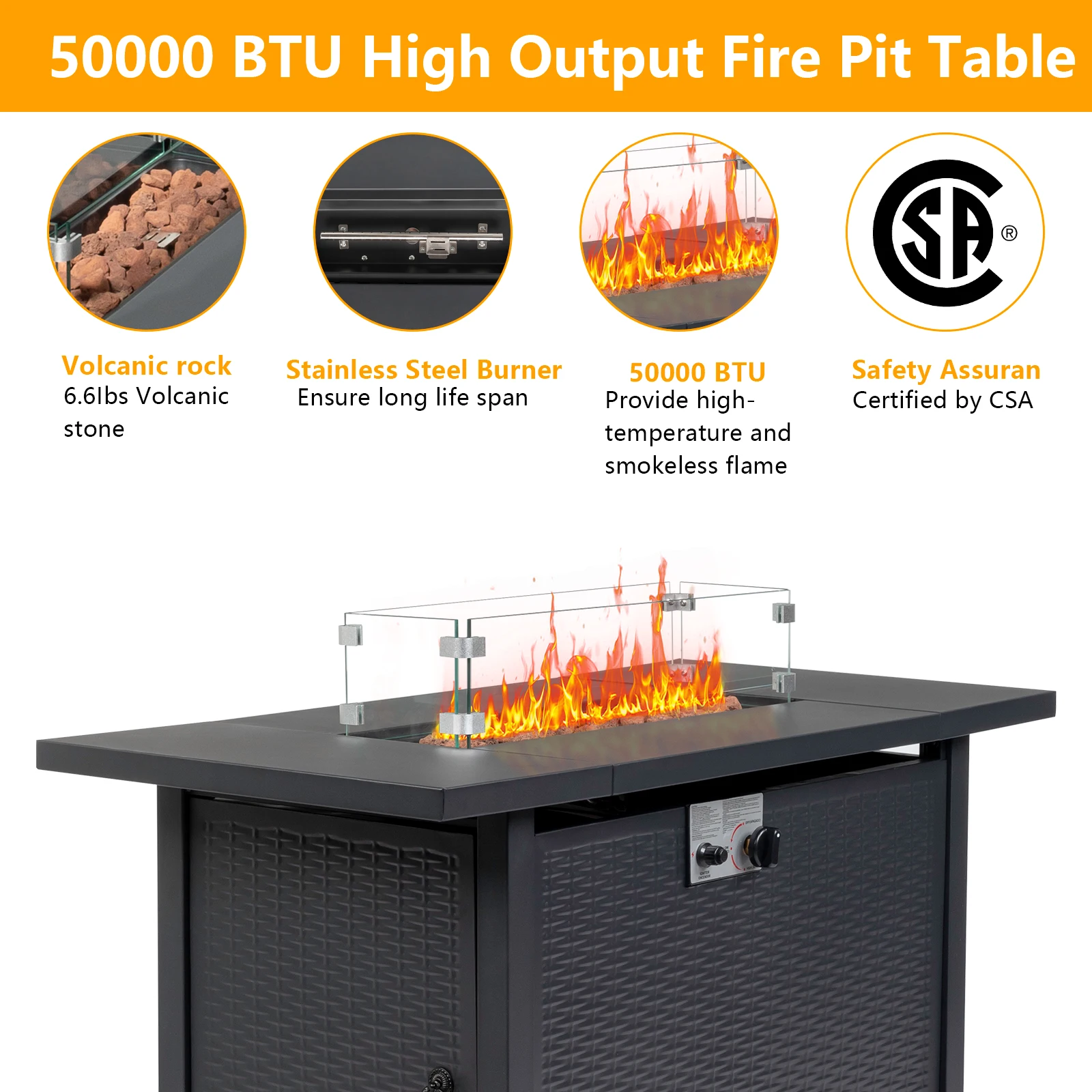 43-Inch Fire Table，50000 BTU Gas Firepit with Volcanic Stone Black