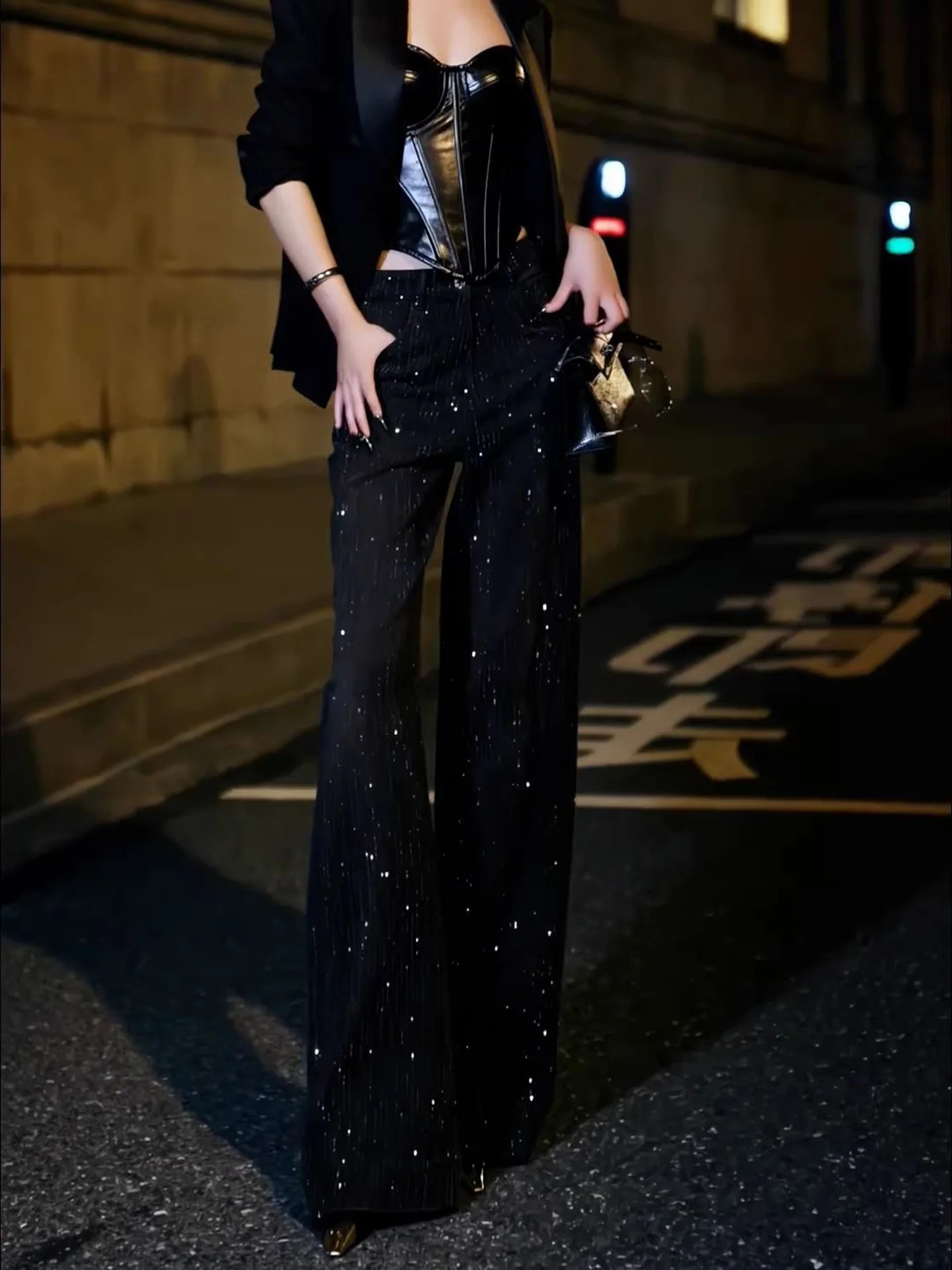 American Vibe Retro Star Rhinestone Denim Jeans Women's Loose Slimming Wide Leg Pants High Waist Pocket Pure Color Autumn New...
