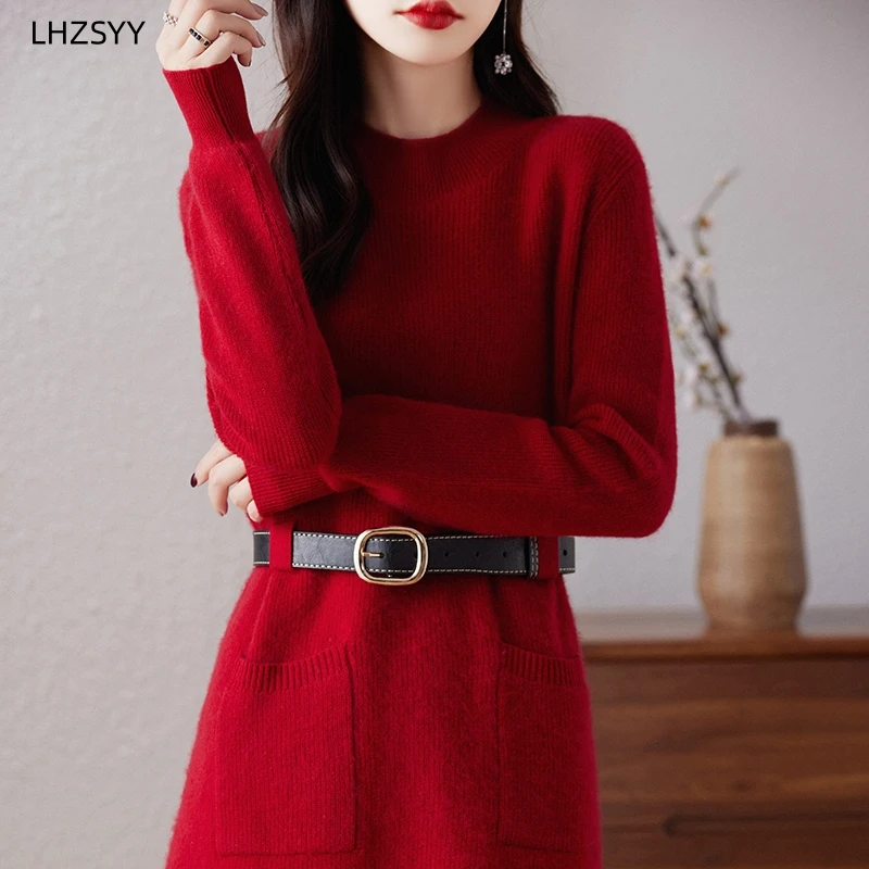 LHZSYY-Robe en cachemire à demi-col roulé pour femme, pull grande taille, jupe taille haute tricotée, jupe trapèze chaude, automne, hiver, nouveau