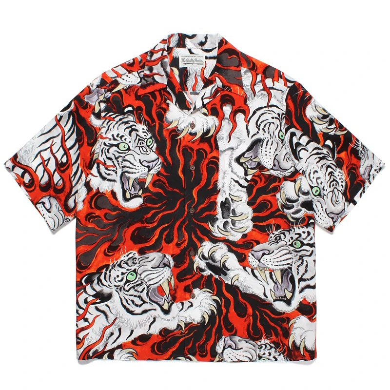 Red Orange Purple Loose Casual Short Sleeve Hawaii Shirt Flame Tiger Print Men Woman 1:1 High Quality New Top Tees