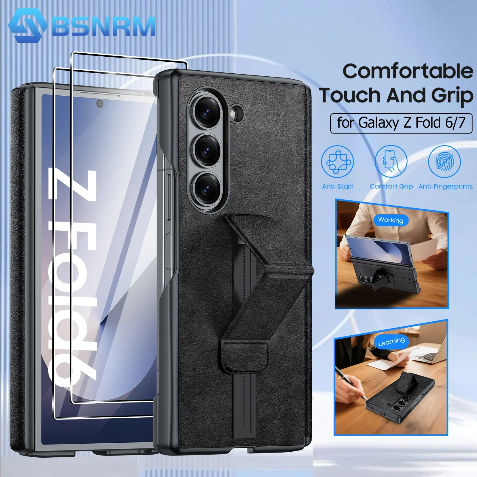 

For Galaxy Z Fold 7/6 Hinge Cover,2 Pack Screen Protector,Hold Strap, Shockproof Leather Protective Shockproof Phone Case-Black