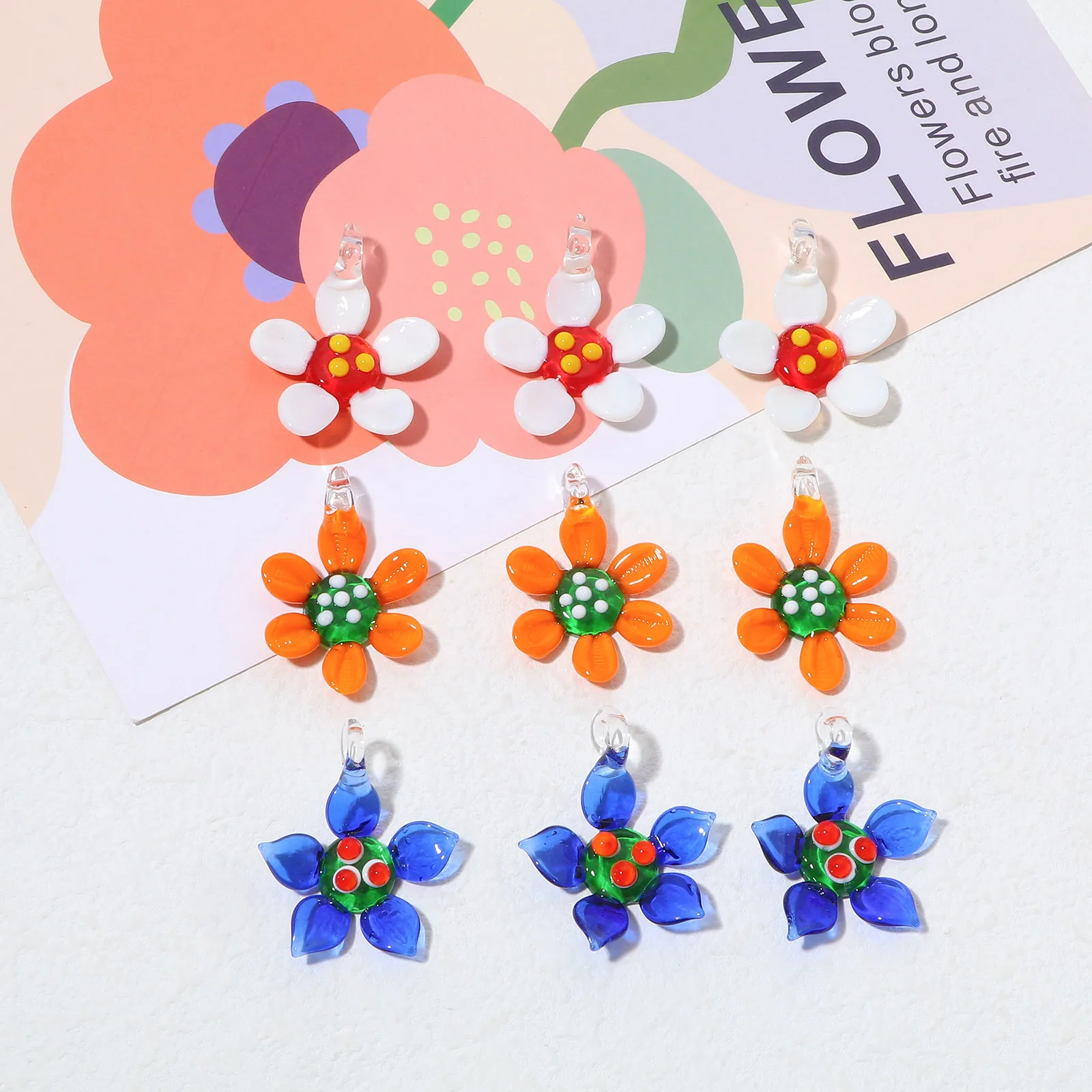 2PCs Floral Lampwork Glass Pendants Flower Charms For DIY Making Necklace Earrings Bracelet Jewelry Accessories