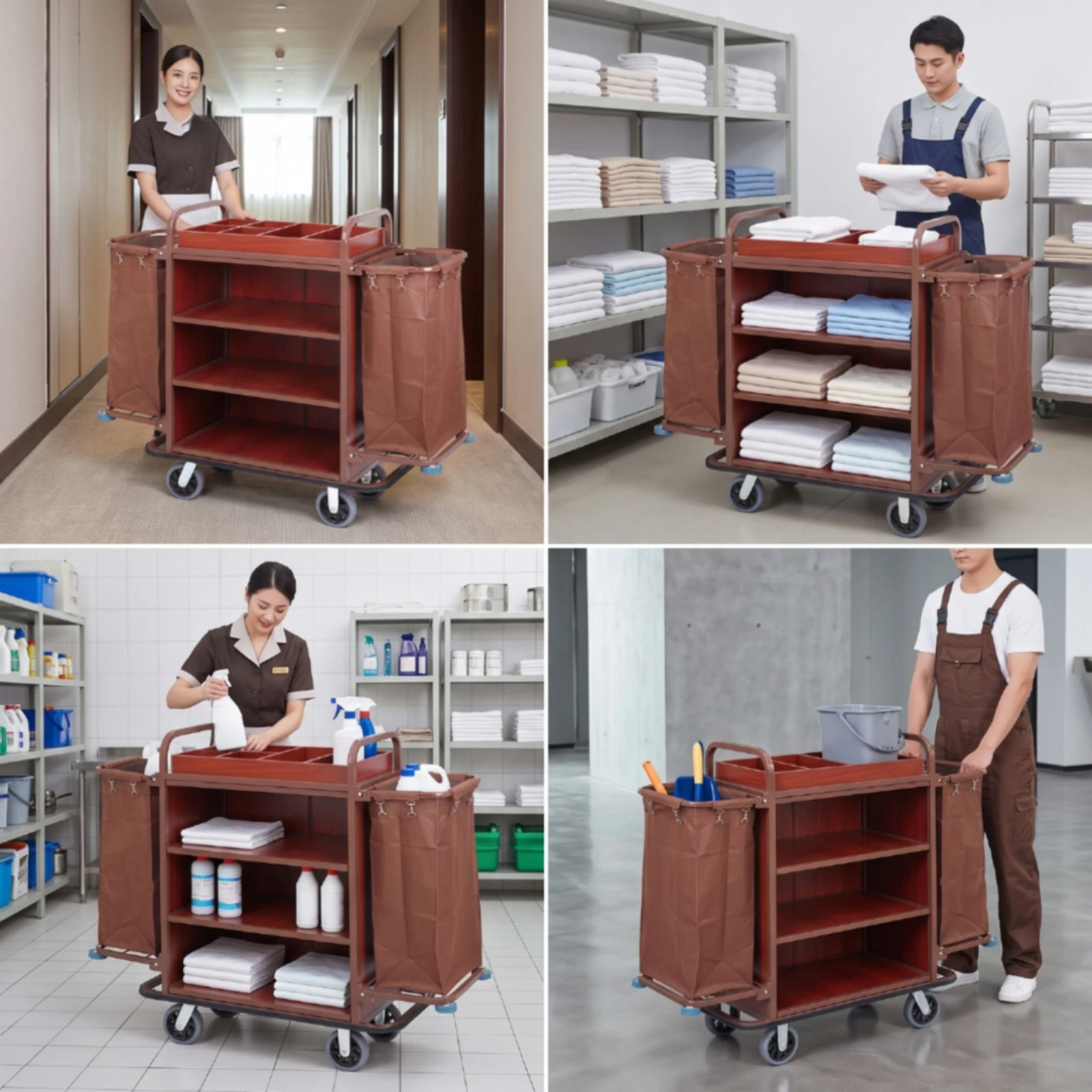Hotel Service Cart Commercial Cleaning Cart with Bins Heavy-Duty Long-Lasting for Housekeepers, Hotels, Guesthouses