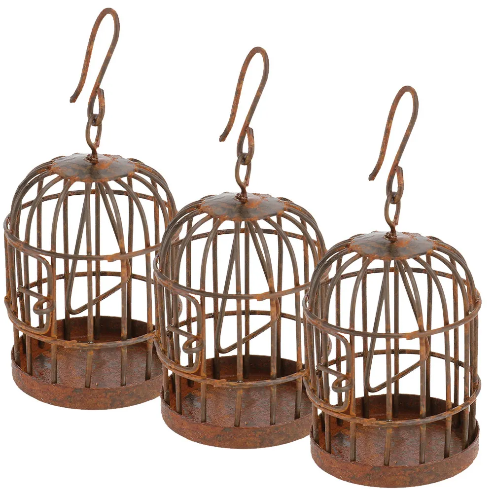 3Pcs Mini Bird Cage Ornament Iron Rust Vintage Decorative Birdcage for Mini House Dollhouse Garden Outdoor Micro Landscape