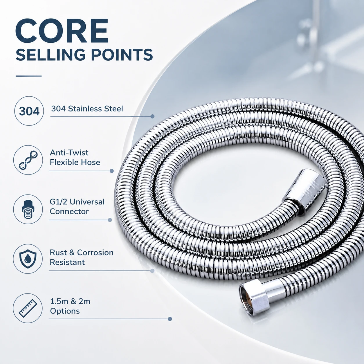 1-3Pcs 1.5m 2m Stainlesss Steel Shower Hose G1/2, Universal Anti-Twist Flexible Hose with Brass Connectors for Bathroom