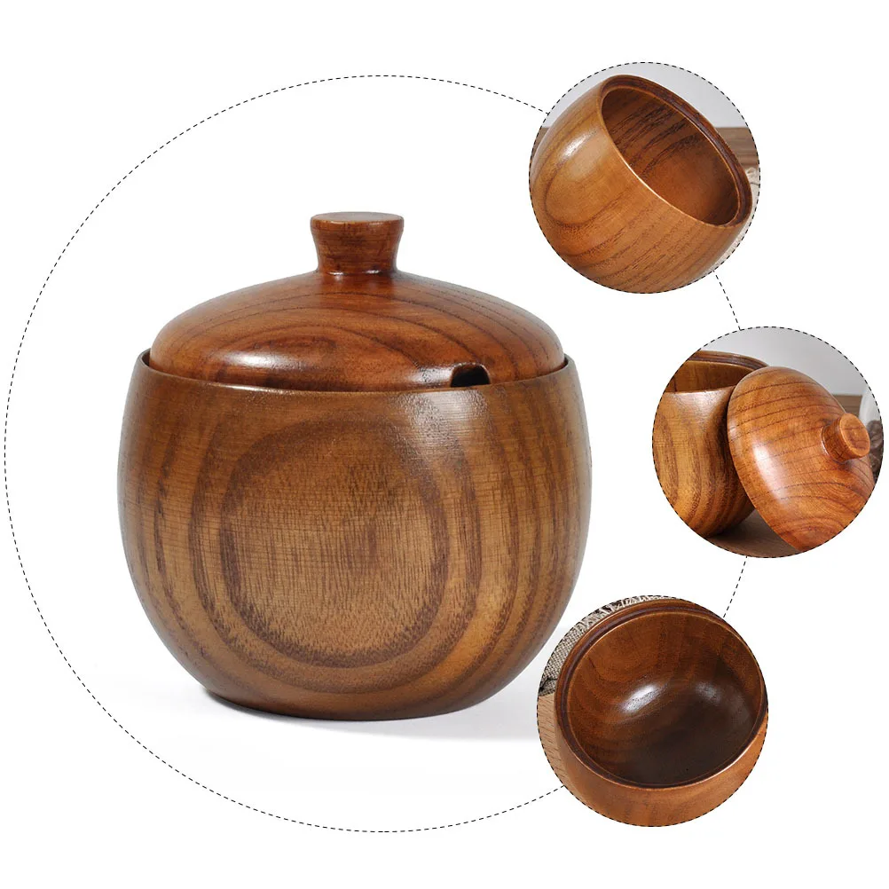 

Condiment Pot Wooden Seasoning Box Environmentally Friendly Kitchen Storage Container Lid Hole Convenient Spoon Holder Flour