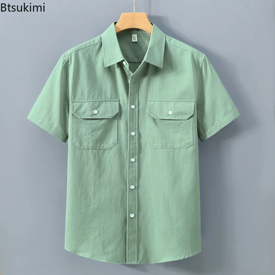 2025 Men's Summer Cotton Short Sleeve T-Shirt Solid Color Two Pockets Business Office Casual Loose Breathable Shirts Youth Top