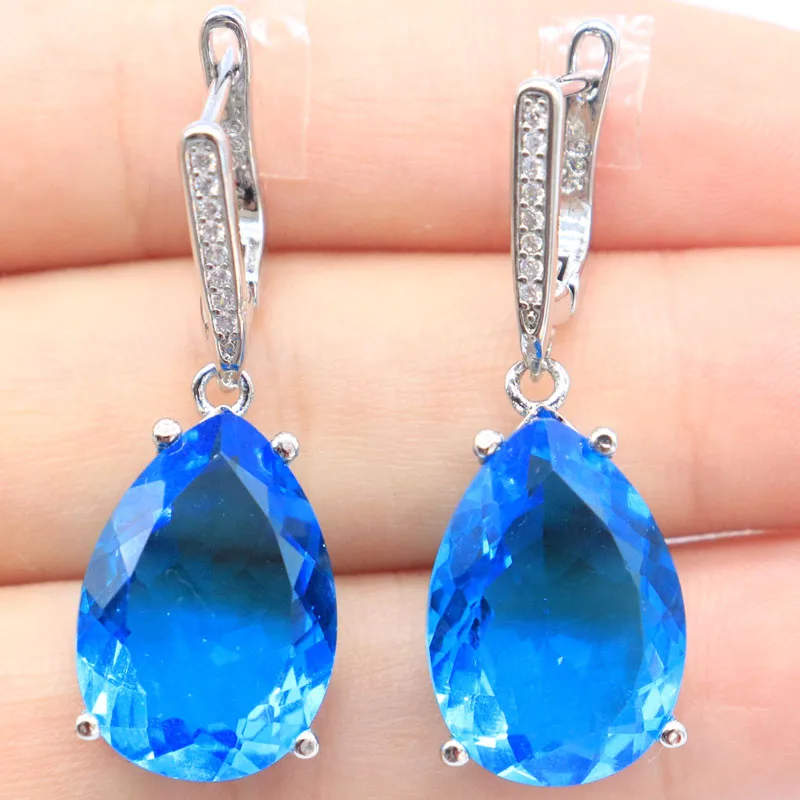 

34x13mm High Trendy Polished London Blue Topaz Swiss Blue Topaz CZ Woman's Wedding Silver Earrings