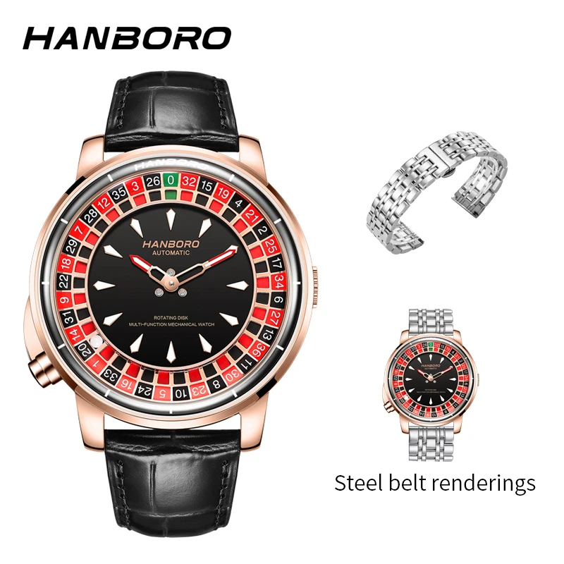Fully automatic mechanical watch with Casino Roulette Rotating Disk Dialleather stra from local warehouse in the US