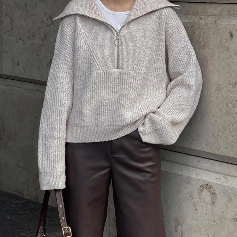 

Autumn Winter Women's Casual Zipper Loose Fit Long Sleeve Pullover Top V-Neck Knit Sweater Fashion Solid Loose Fitting Jumper
