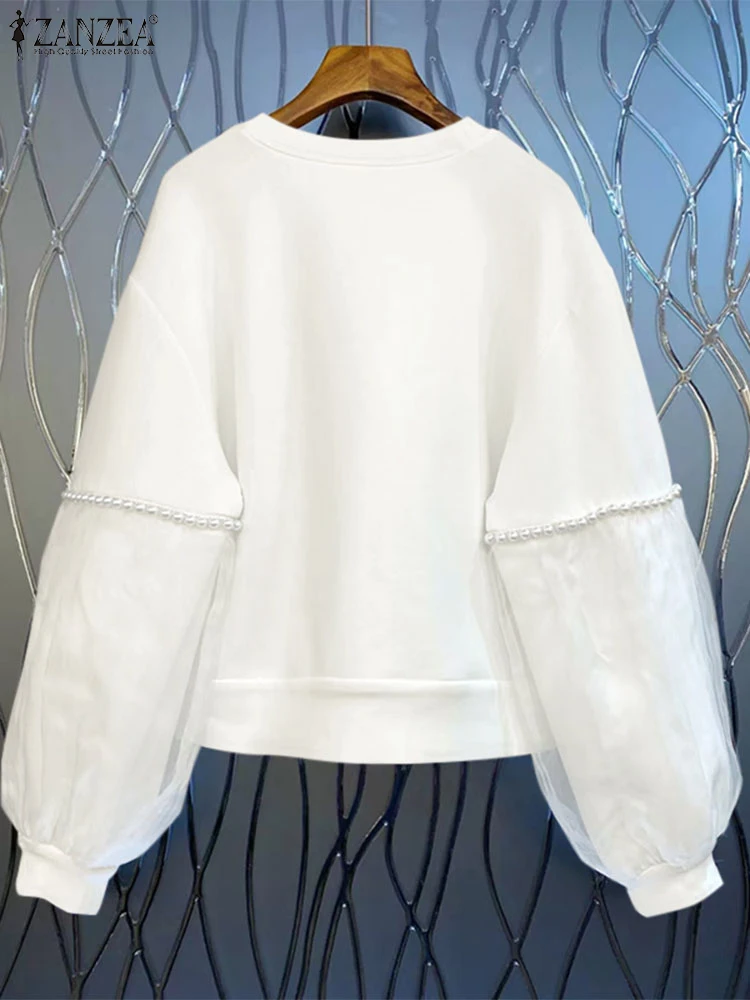 Zanzea-女性用パールメッシュスプライシングパーカー、ヴィンテージスウェットシャツ、長袖プルオーバー、カジュアルジャンパー、韓国ファッション、秋、2024