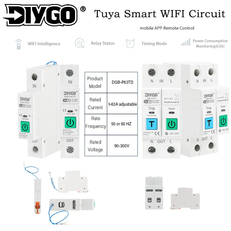 

1P+N Smart Switch WIFI Remote Control Circuit Breaker Real-time Timer Energy Voltage Current Meter Protector 1-63A Adjustable