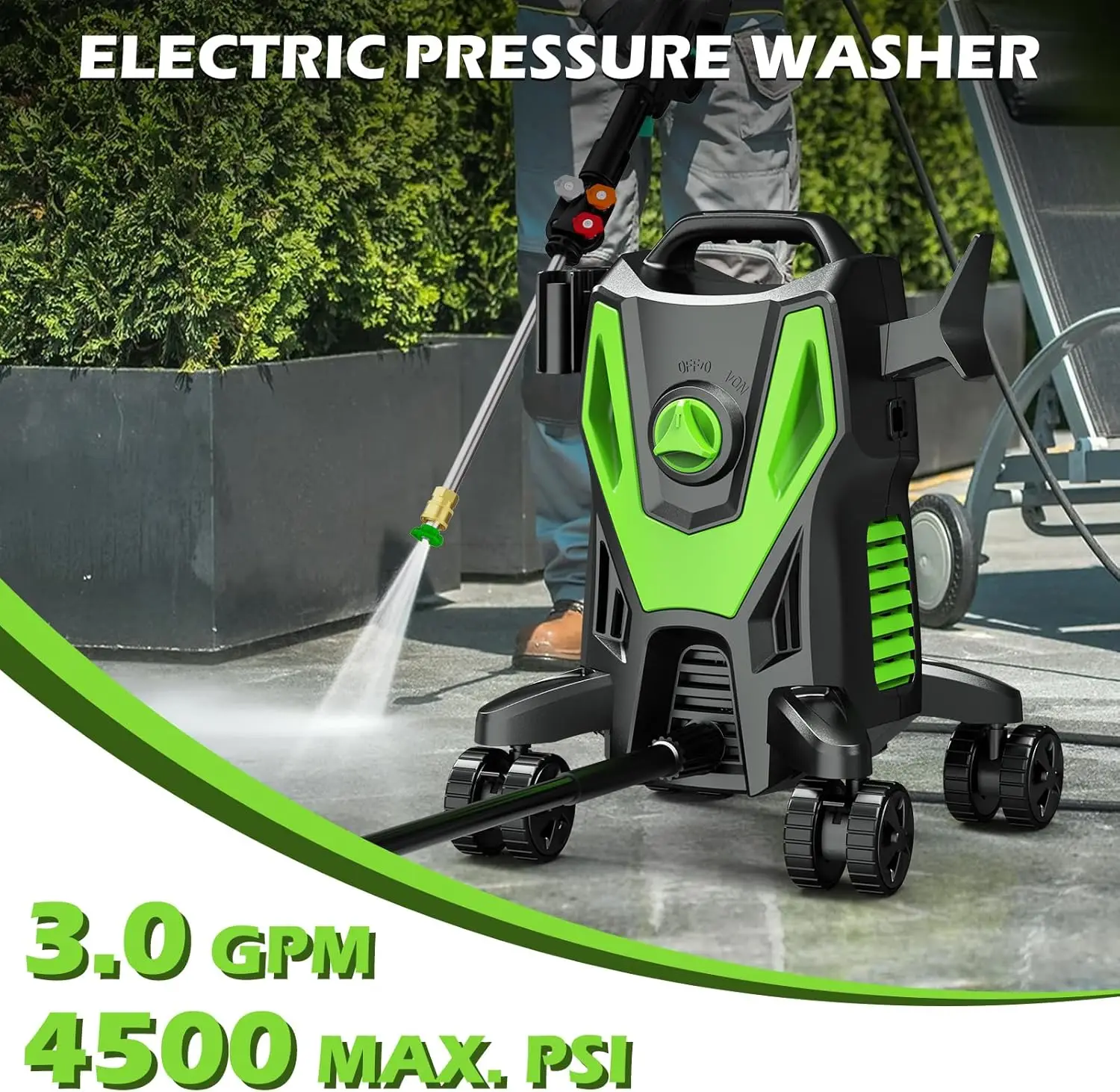 

Electric Pressure Washer - 4500PSI 3.0GPM Power Washer with 500ML Foam Cannon, 4 Nozzle Tips, with 4-Wheel Anti-Tip Technology