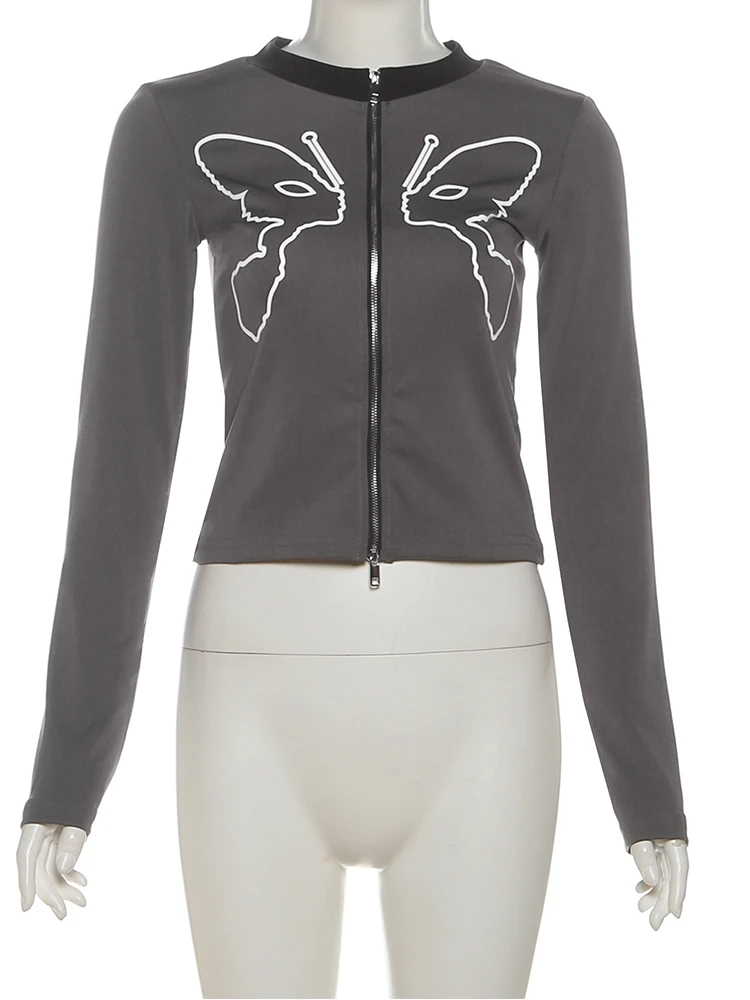 Bizarre chat décontracté papillon imprimé veste femmes quotidien classique Patchwork manches longues Double fermeture éclair tendance sport élastique manteau de rue