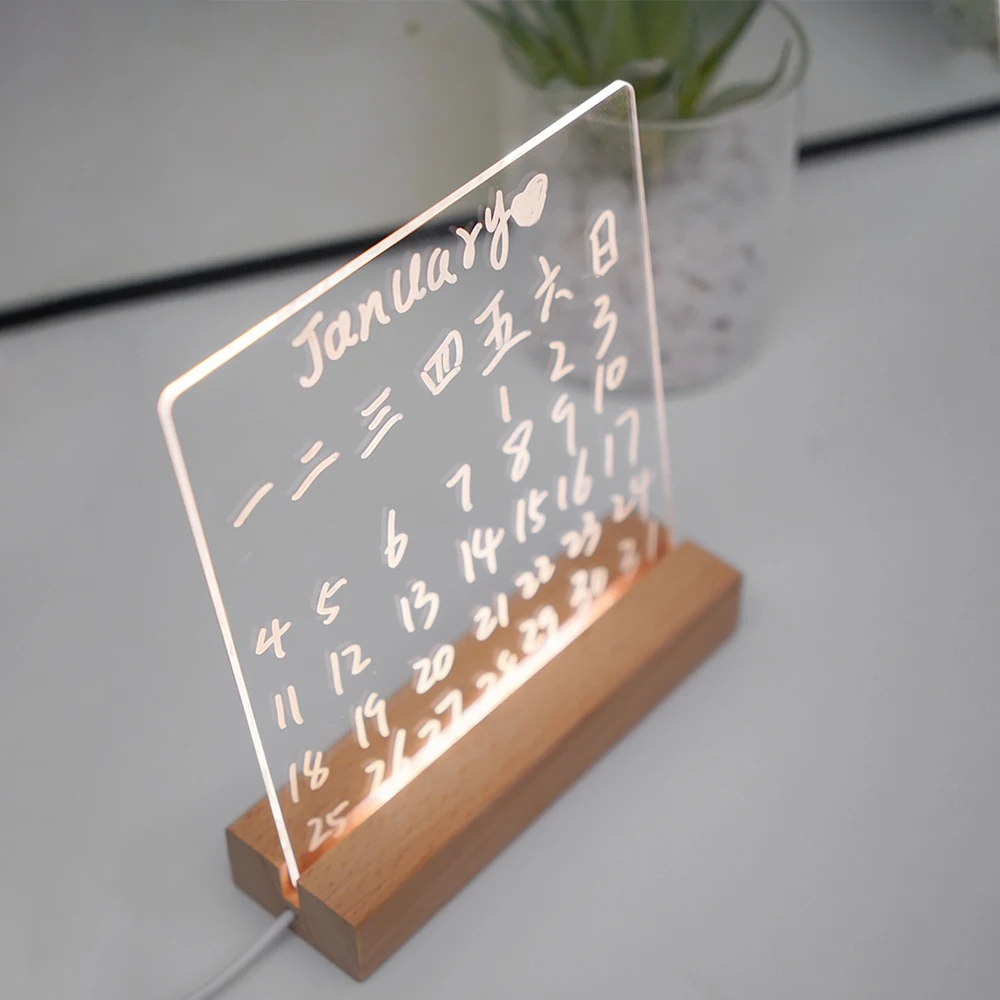 Placa de nota transparente acrílica, Placa de mensagem emissor de luz LED, lembrete apagável Memo Home, lâmpada decorativa USB