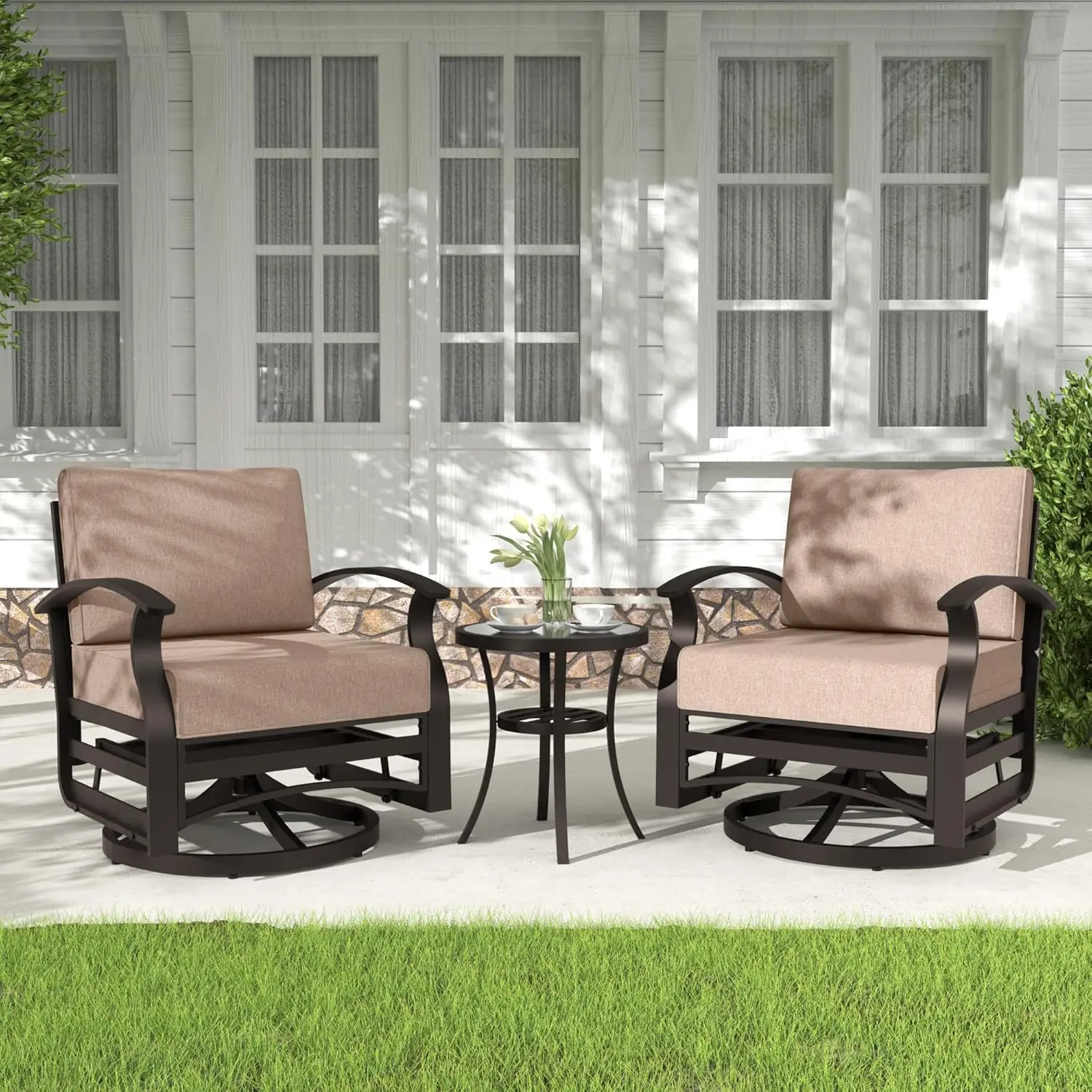 Patio Furniture Set, Outdoor Aluminum Swivel Gliders Rocker, Rocking Chair with Glass Side Table and Thickened Cushions